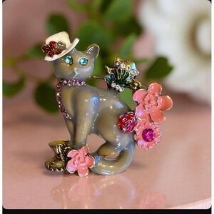 Vintage Style Cat Brooch Whimsical Floral Kitty‎ Top Hat Lapel Pin Adorable Gift